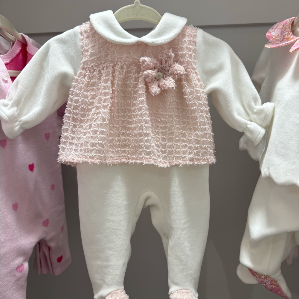 Baby Girls Pink & White Knit One-Piece with Peter Pan Collar 0M